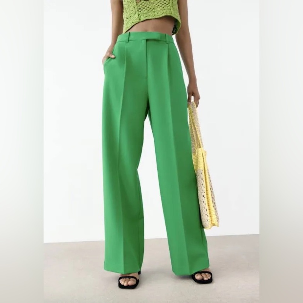Zara Women Wide Leg Menswear Pants High-waisted Green